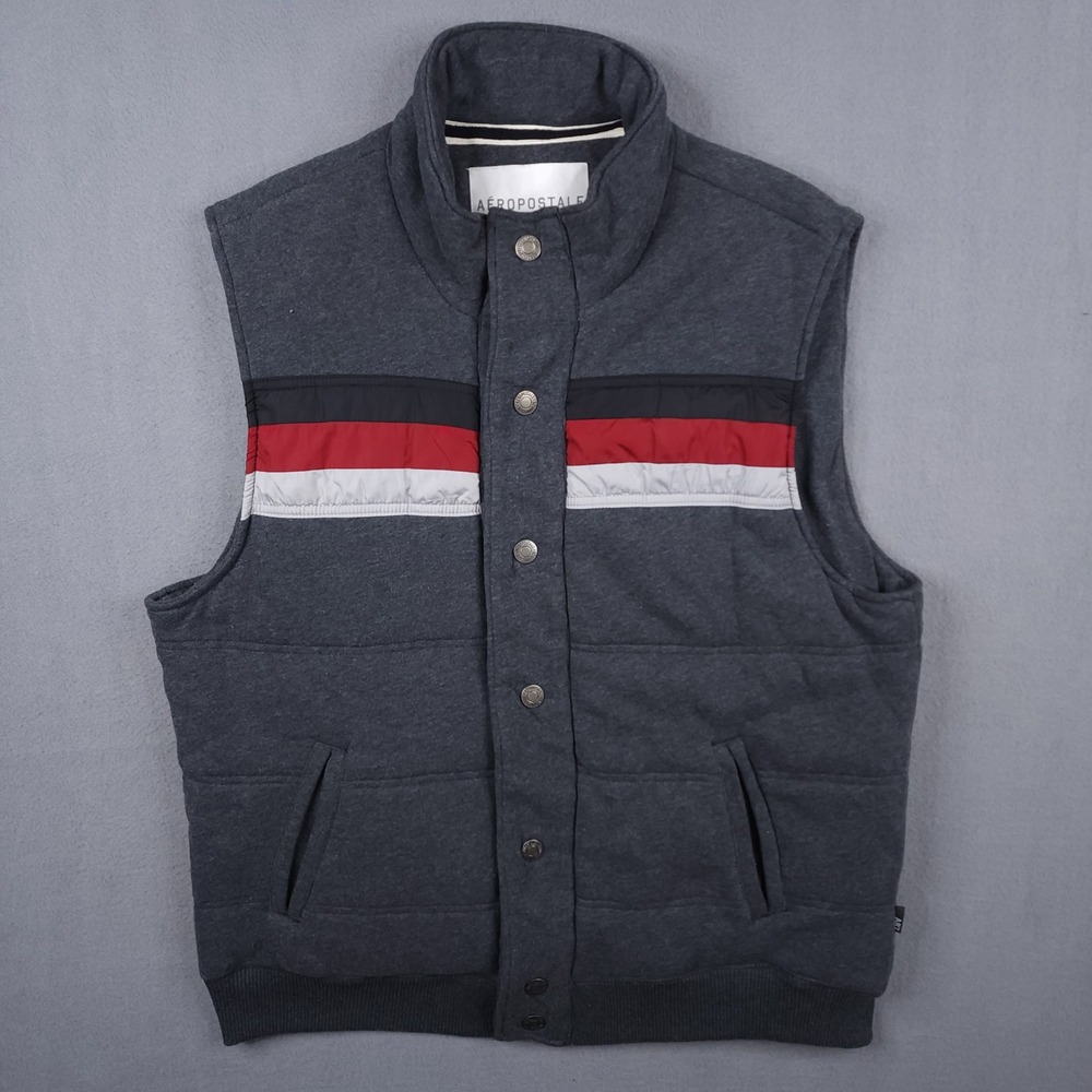 Aeropostale Mens XXL Puffer Vest Gray Colorblock Snap Front Quilted Mock Neck